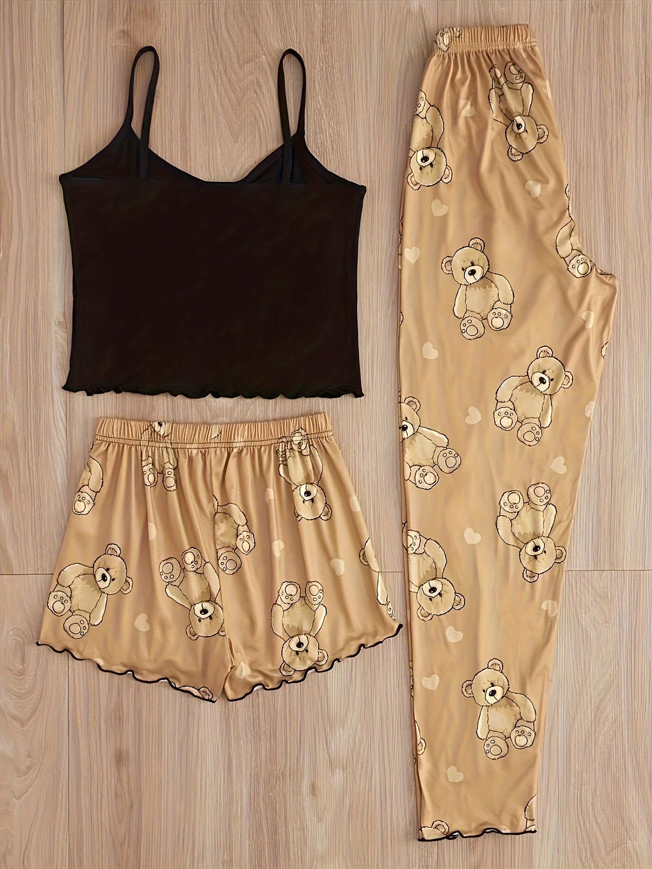 Bear print pajama set with lettuce trim, including a crop cami top, shorts, and pants, for women's sleepwear and loungewear.