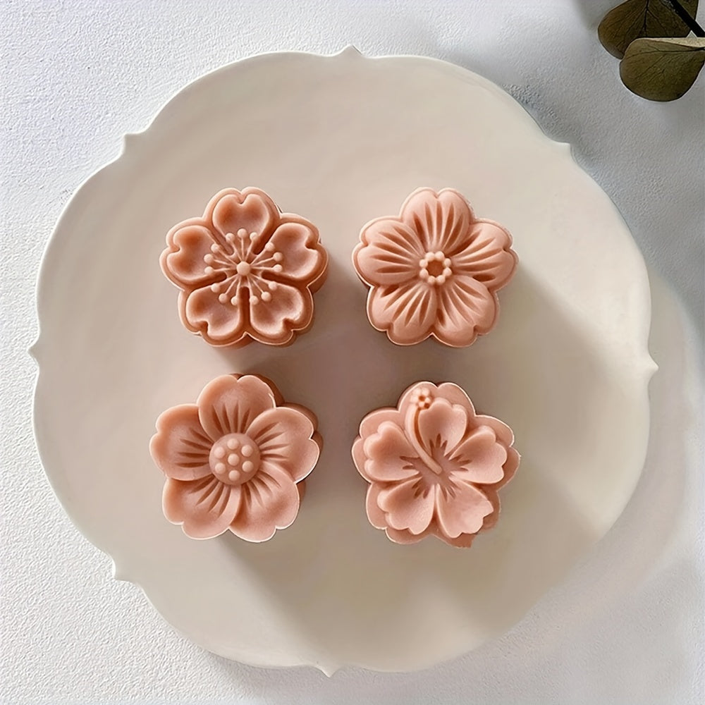 Flower Cookie Press Set with 5 Pieces - Create Beautiful Mooncakes and Pastries with Intricate White Flower Designs, Made of ABS Plastic, Perfect for Elegant Baking during Christmas and Halloween, Must-Have Kitchen Essentials.