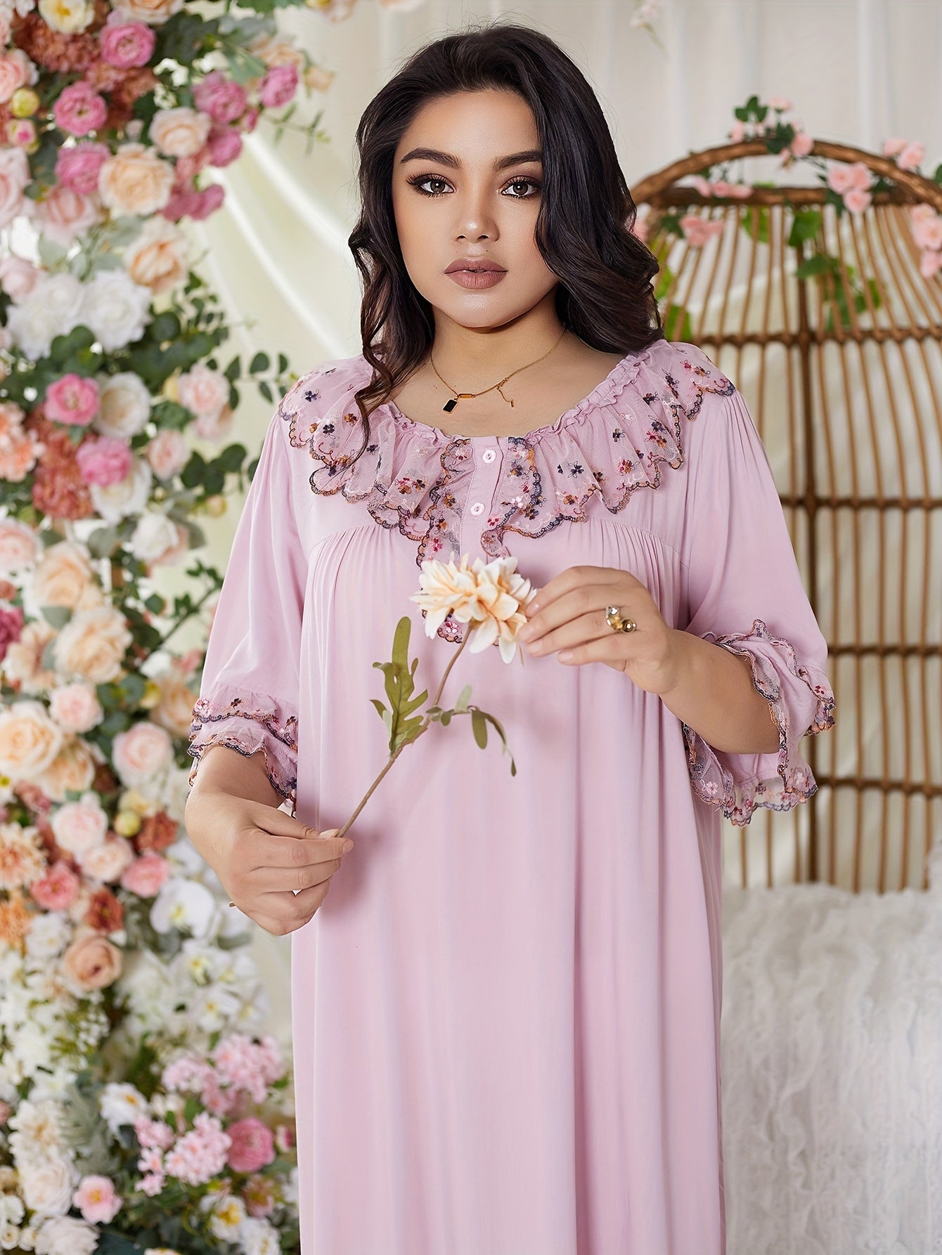 Floral Embroidered Lace Nightdress for Plus Size Women with Button Detail