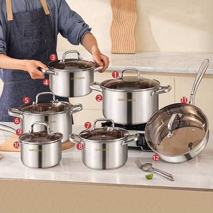 The 12-piece Stainless Steel Cookware Set includes 4 cooking pots, 1 skillet, 1 saucepan, and 6 lids. This set is perfect for a variety of cooking needs, with its large capacity and even heat distribution. It is compatible with both induction and gas