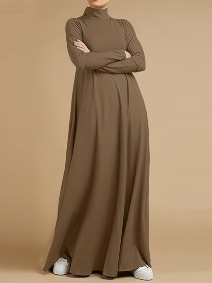 Casual loose dress with high neck and long sleeves for women