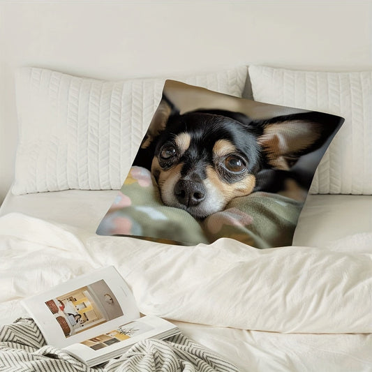 Chic and modern Chihuahua print throw pillow cover, reversible design, made of tough polyester material, perfect for adding a decorative touch to your sofa, car or bedroom. Features a convenient zipper closure, ideal as a holiday gift for dog