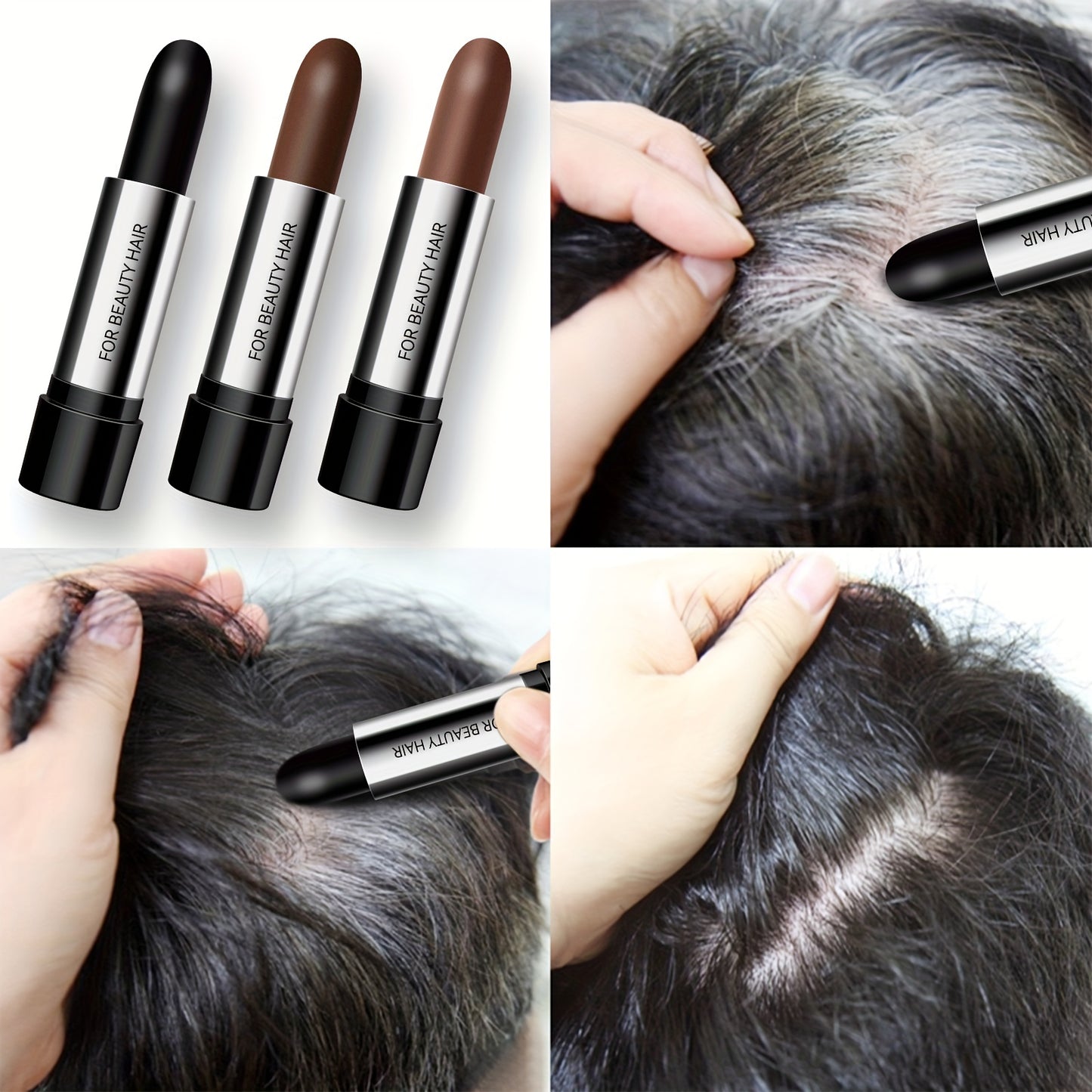 Temporary hair color stick for long-lasting coverage of white and grey hair.