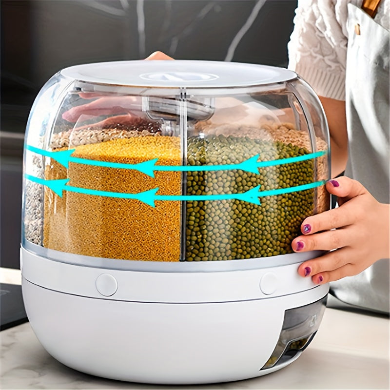 360-degree Rotating Grain Storage Box with 6 Compartments, Measuring Cup, and Automatic Rice Dispenser Button. Ideal for storing rice, cereals, grains, flours, pet food, and maintaining freshness. Perfect for organizing your kitchen supplies.