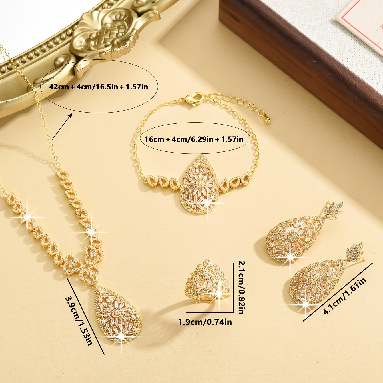 Exquisite Gold-Plated Teardrop Jewelry Set for Women - Featuring Necklace, Earrings, Bracelet, Ring - Ideal for Special Occasions and Everyday Wear, Includes 5 Pieces