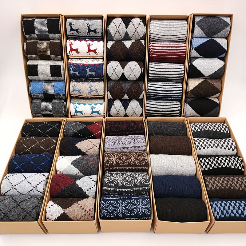 5 pairs of men's warm and comfortable wool socks, boxed for gifting.