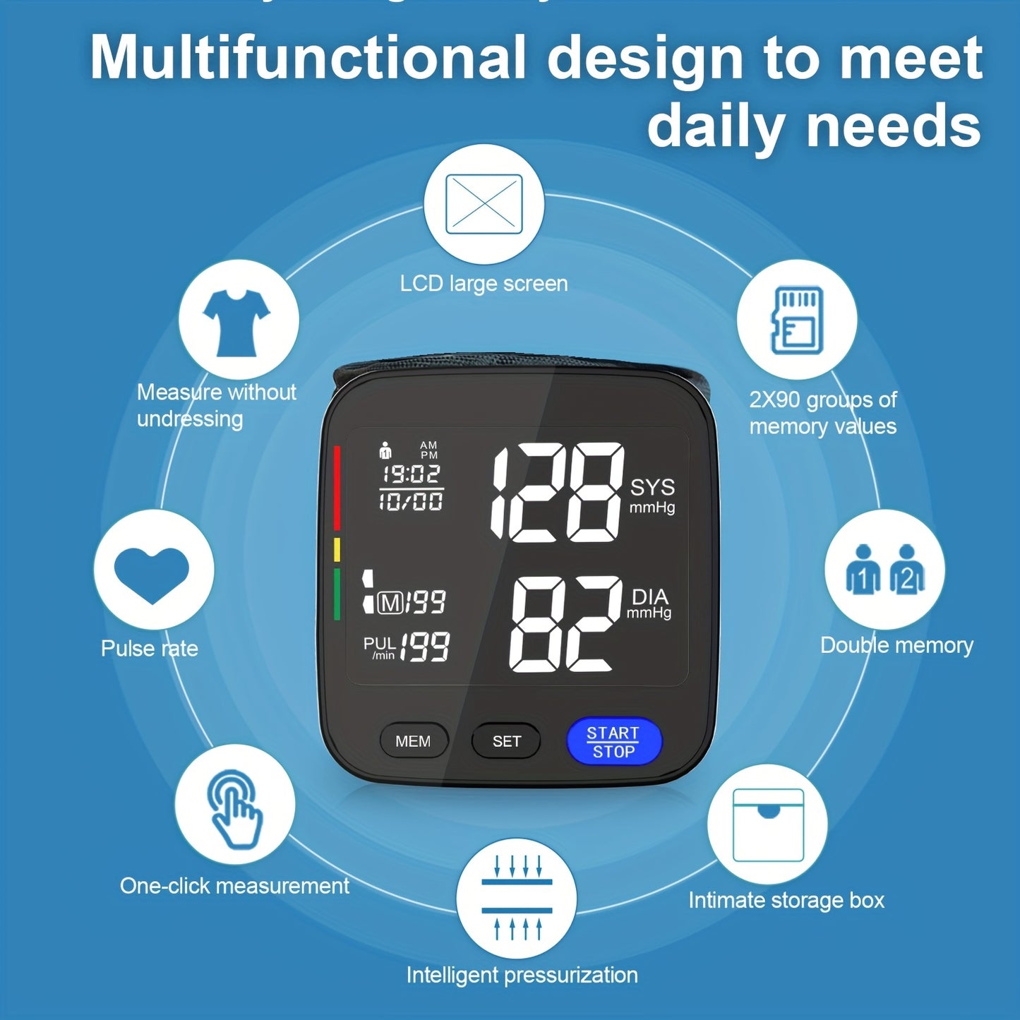 Household wrist blood pressure monitor, portable and wireless, can store up to 180 readings for two users (battery not included).