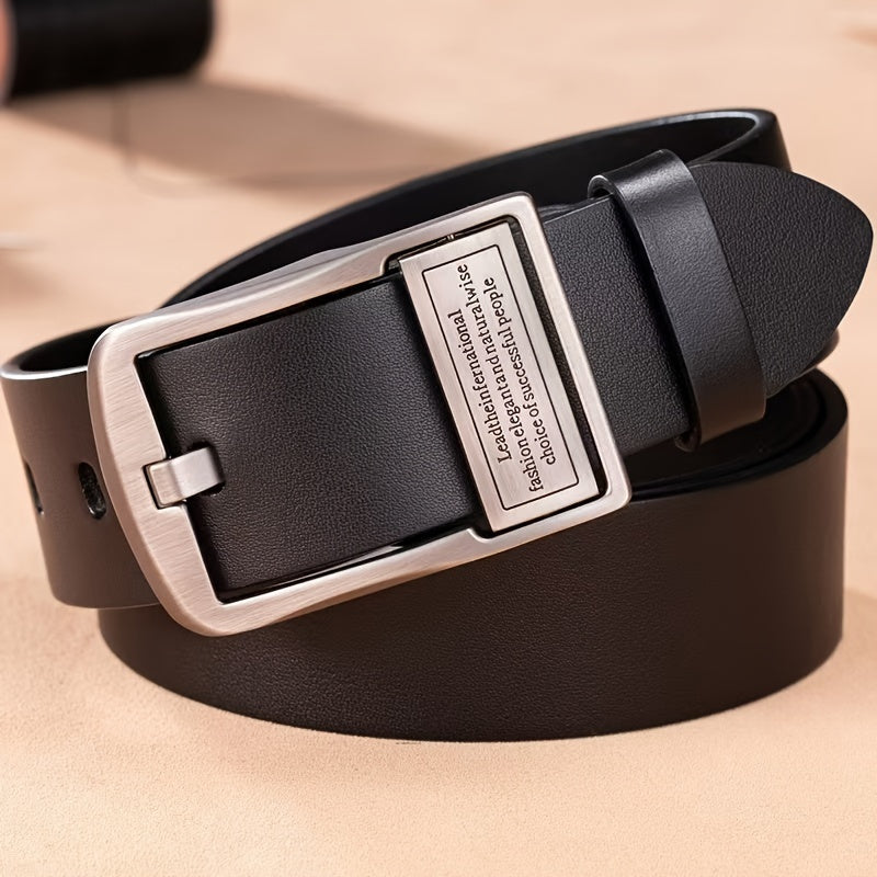 Stylish men's faux leather belt with vintage buckle, suitable for business and casual wear, available in multiple lengths.