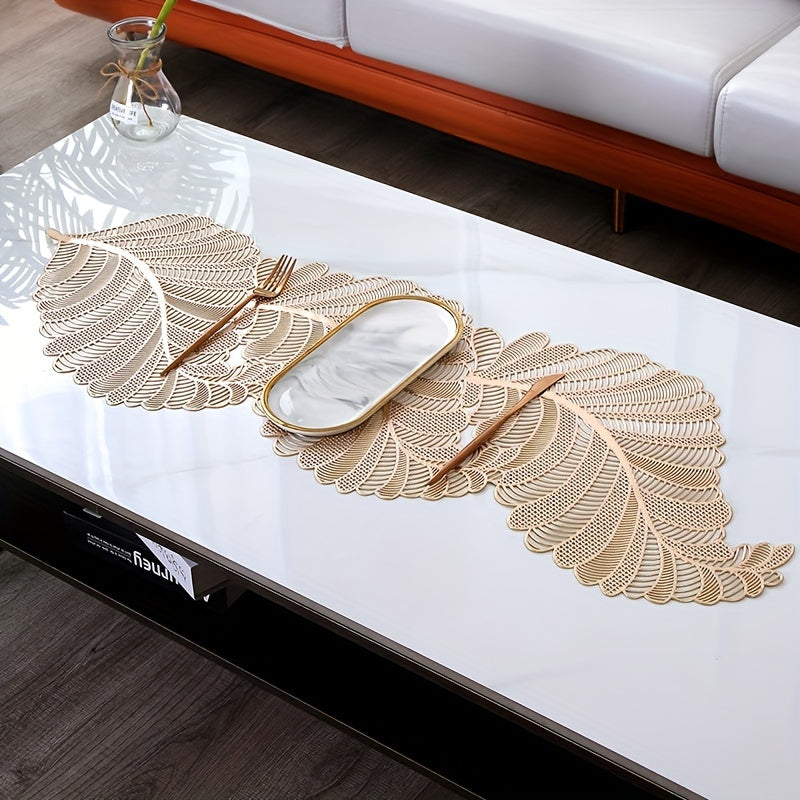 Gold table flag with PVC leaf design, heat-resistant and anti-slip, perfect for coffee tables. 1 piece.