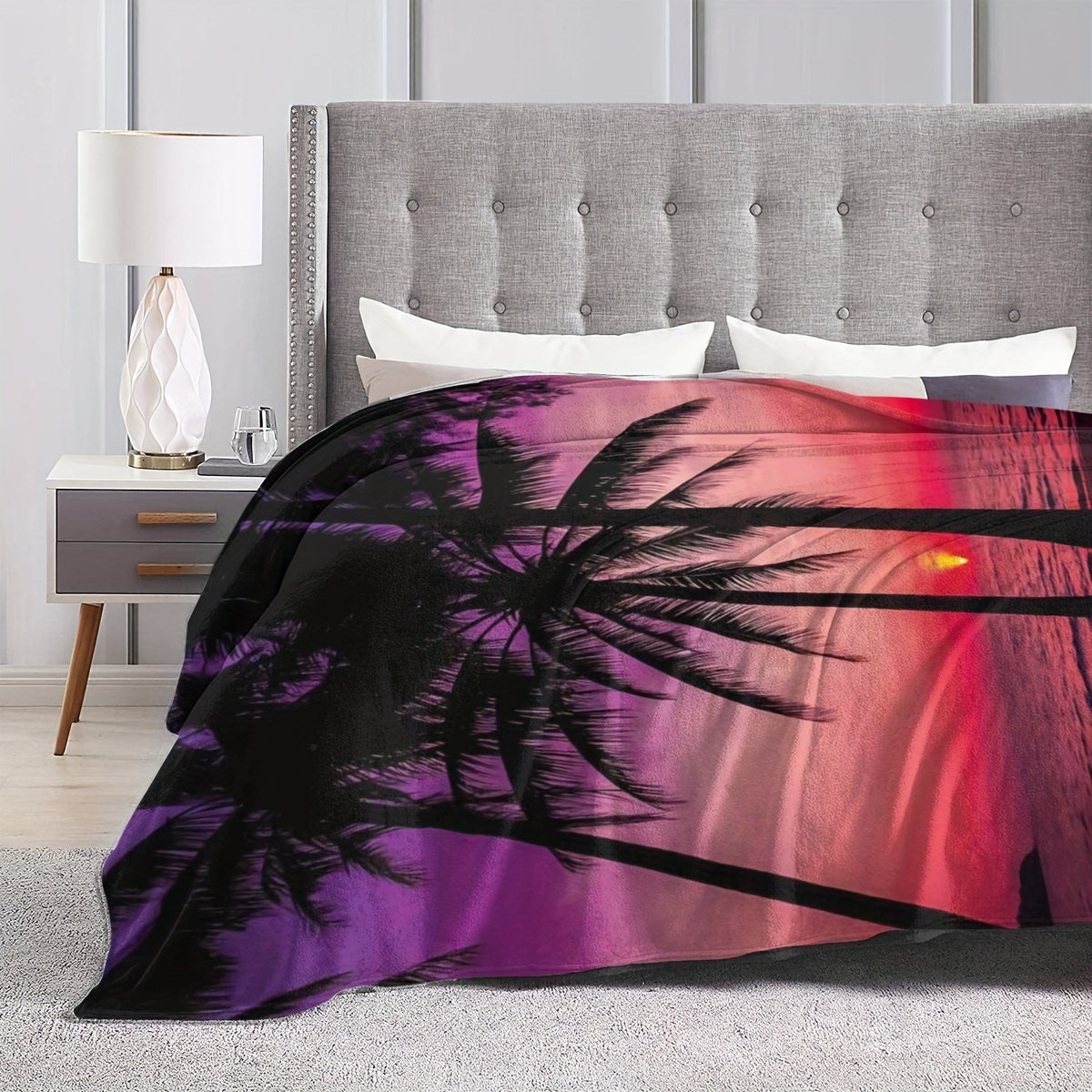 One piece of luxurious Cozy Flannel Fleece Blanket featuring an Ultra Soft Sunset Beach Palm Tree Design in a Contemporary Style. This All-Season Multipurpose Throw is perfect for Camping, Home Decor, Office, Sofa, and Travel. Made from Digital Print