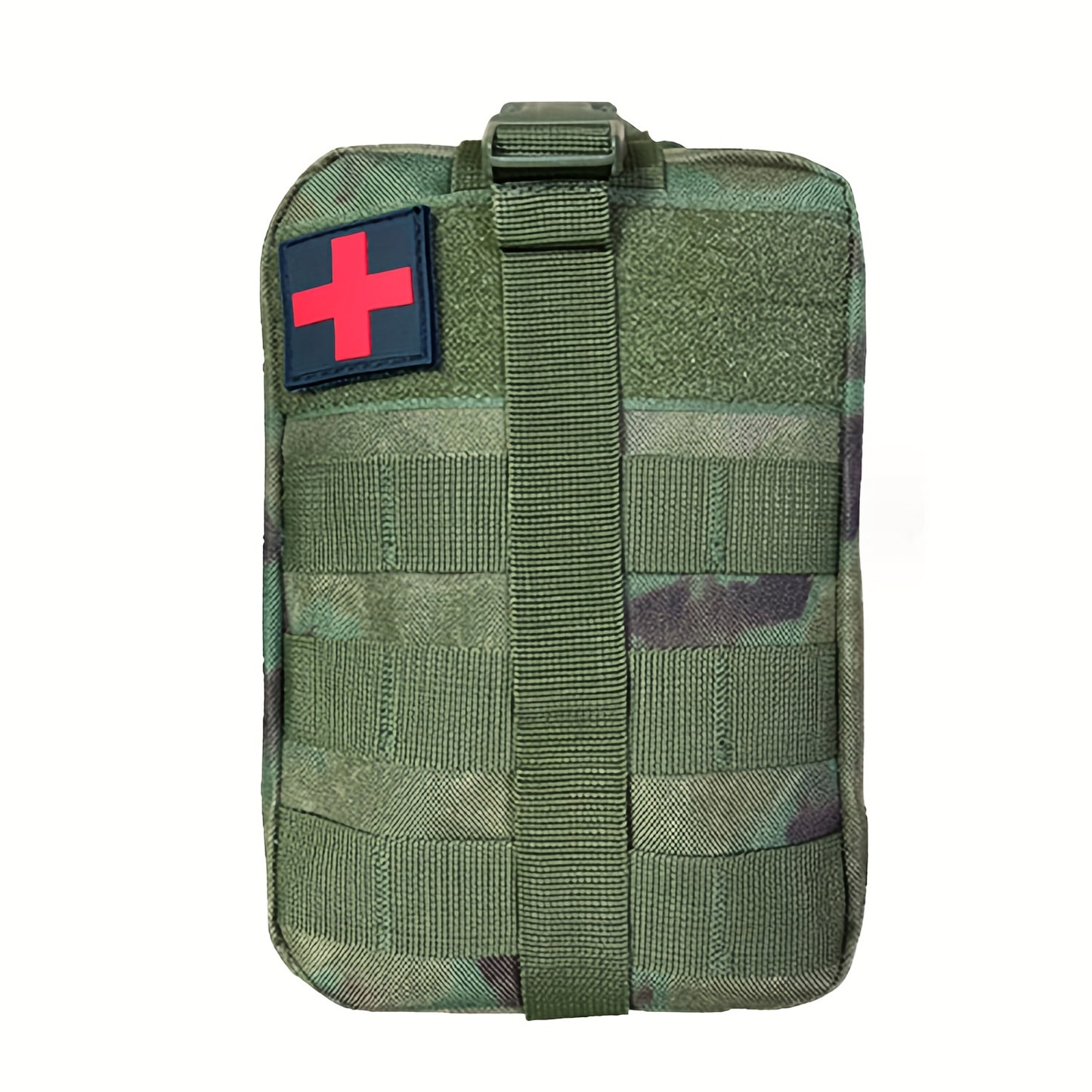 Rugged tactical first aid kit with quick release EMT pouch and MOLLE system in durable nylon bag for outdoor survival, green.