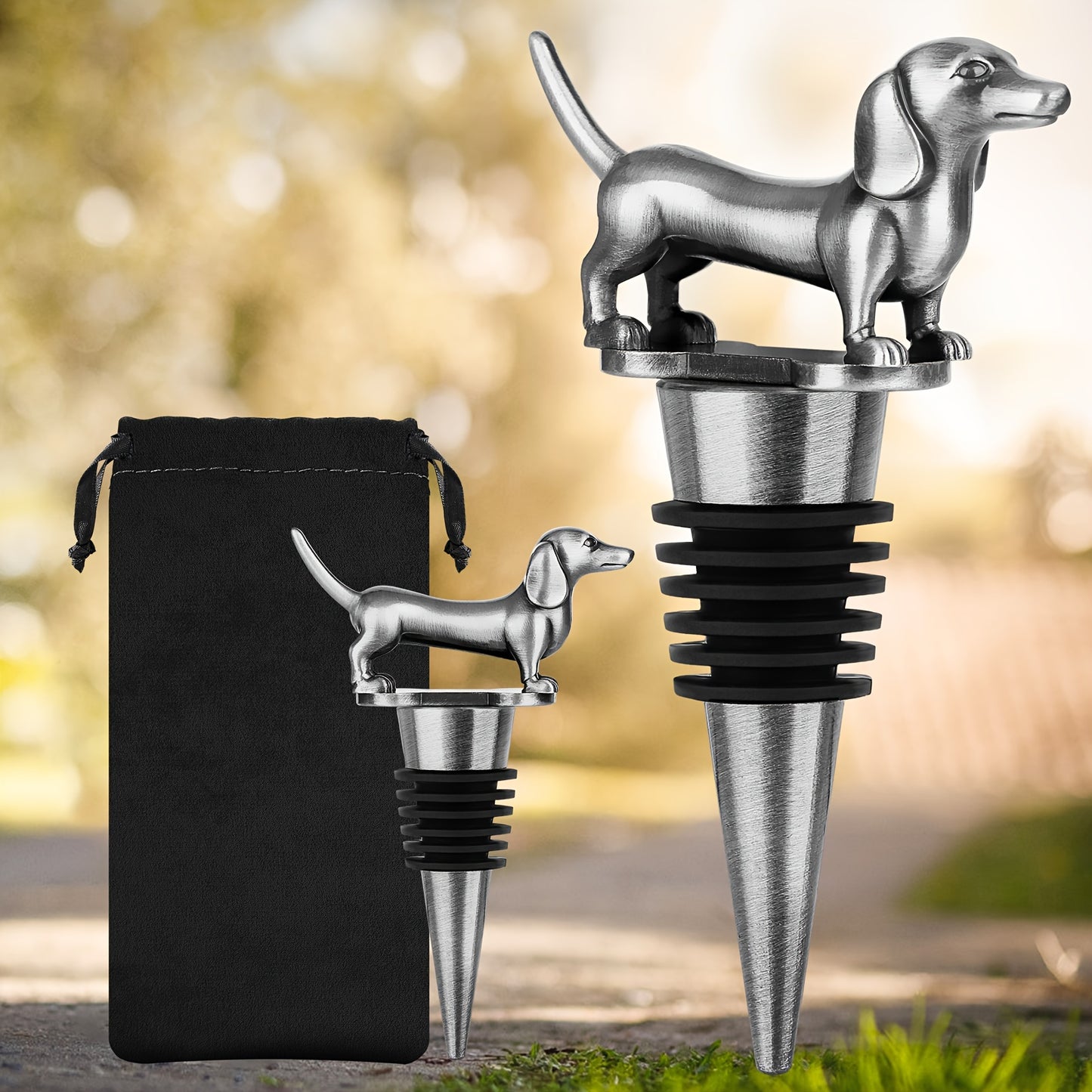 Zinc Dachshund-shaped wine and champagne bottle stopper for bar preservation.