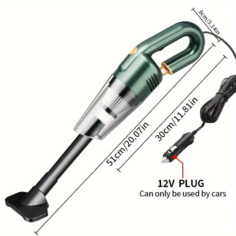 Powerful 12V car vacuum with extended cable, accessories, and strong suction - quiet and efficient.