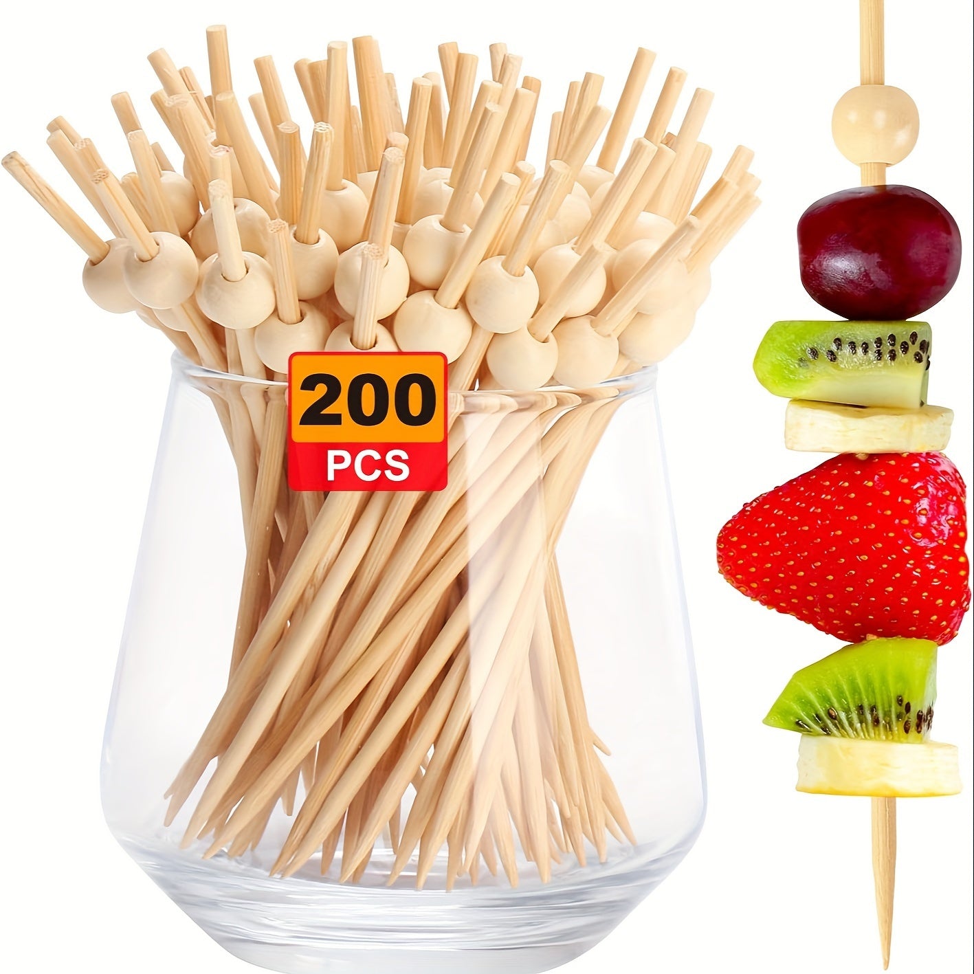 200 natural wooden cocktail picks - 11.94 cm decorative skewers for drinks, appetizers, and snacks such as fruit, veggies, and charcuterie boards.