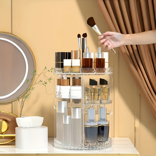 Rotating makeup organizer for versatile cosmetic storage, including pen holder. Ideal for vanity and desk organization.