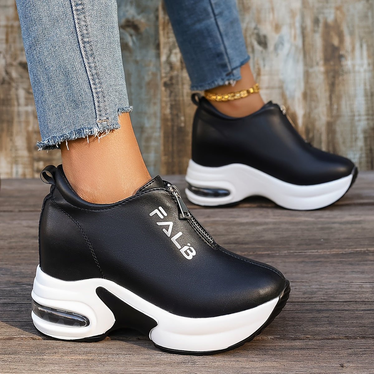 1 Pair Women's Fashion Sneakers with Air Cushion, Zipper Closure, Solid Color, Low Top, and Rubber Sole.