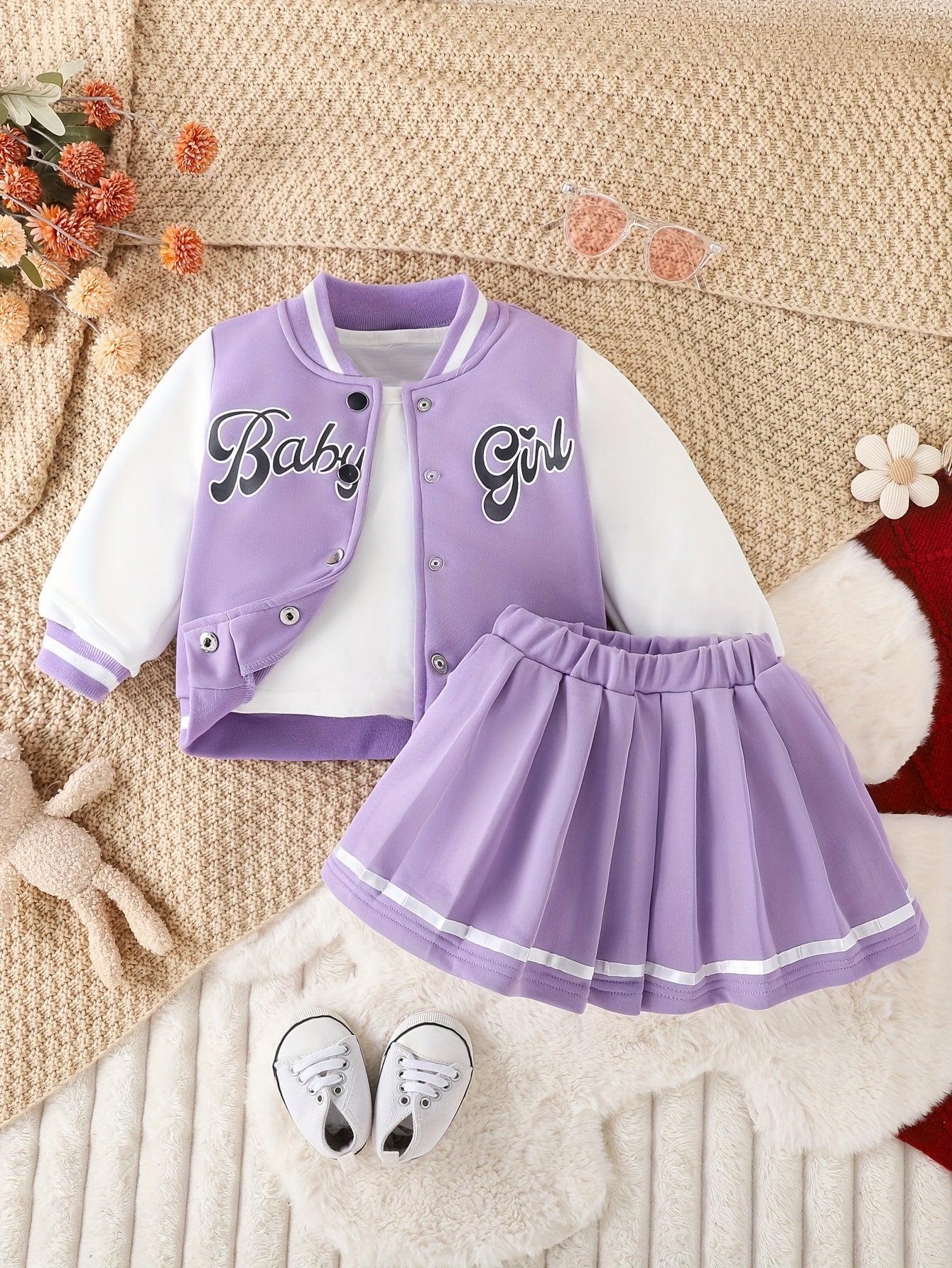 Preppy Style 2-piece BABY GIRL Print Baseball Jacket and Pleated Skirt Set for Parties and Sports, a perfect gift idea.