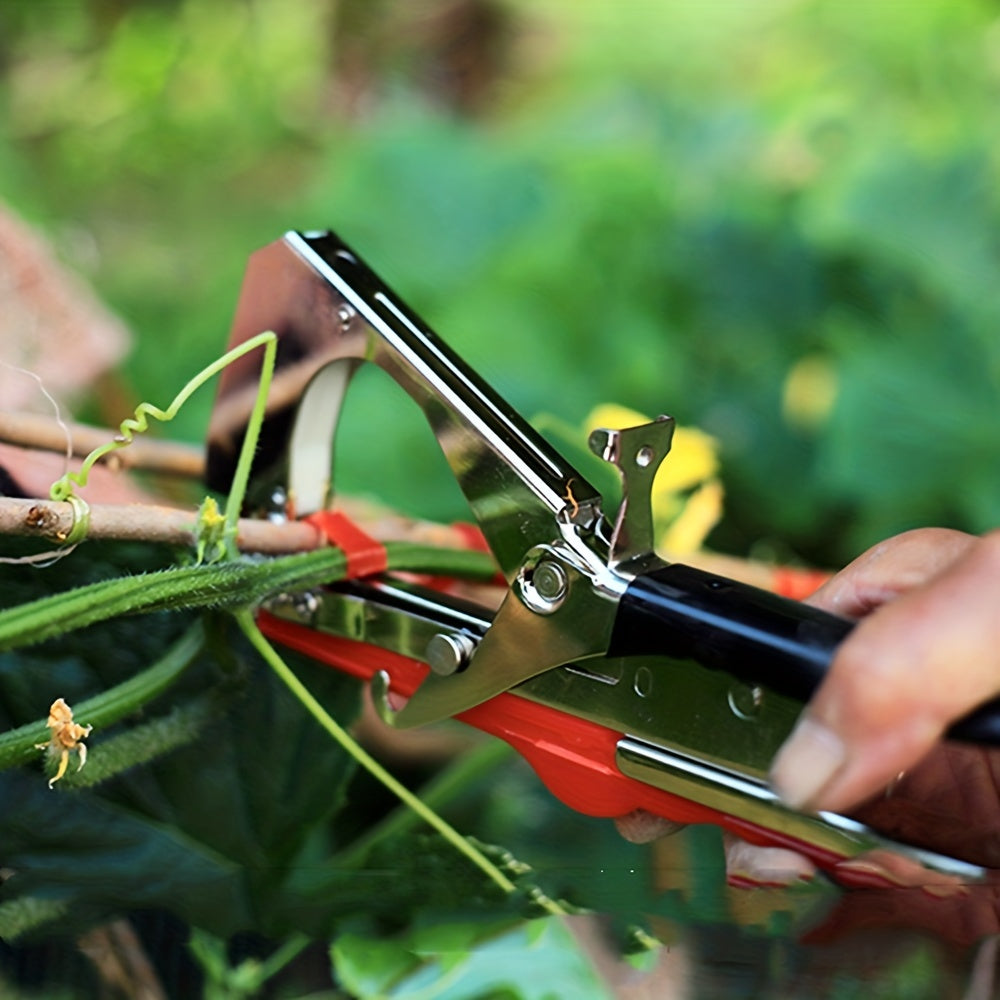 Plant tying machine for various plants like grapes, raspberries, tomatoes, vining vegetables, and flowers.