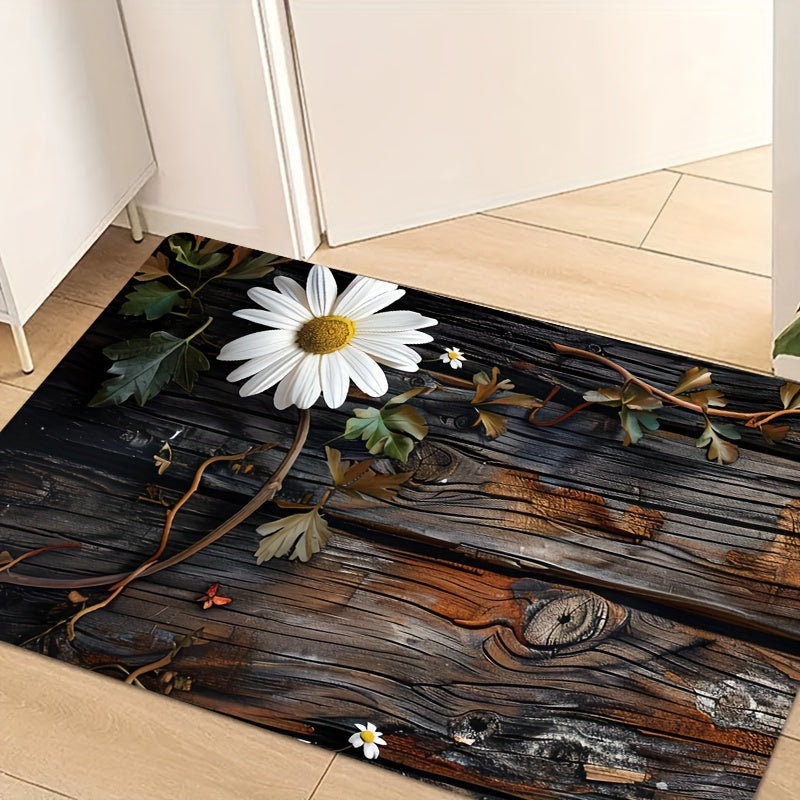 1 piece of Sponge Floor Mat with a weight of 122-483g, featuring a 8mm thickness and a retro Daisy Wood Grain Pattern design. This versatile floor mat can be used in the living room, bedroom, kitchen, bathroom, or even outdoors. It is a decorative bath