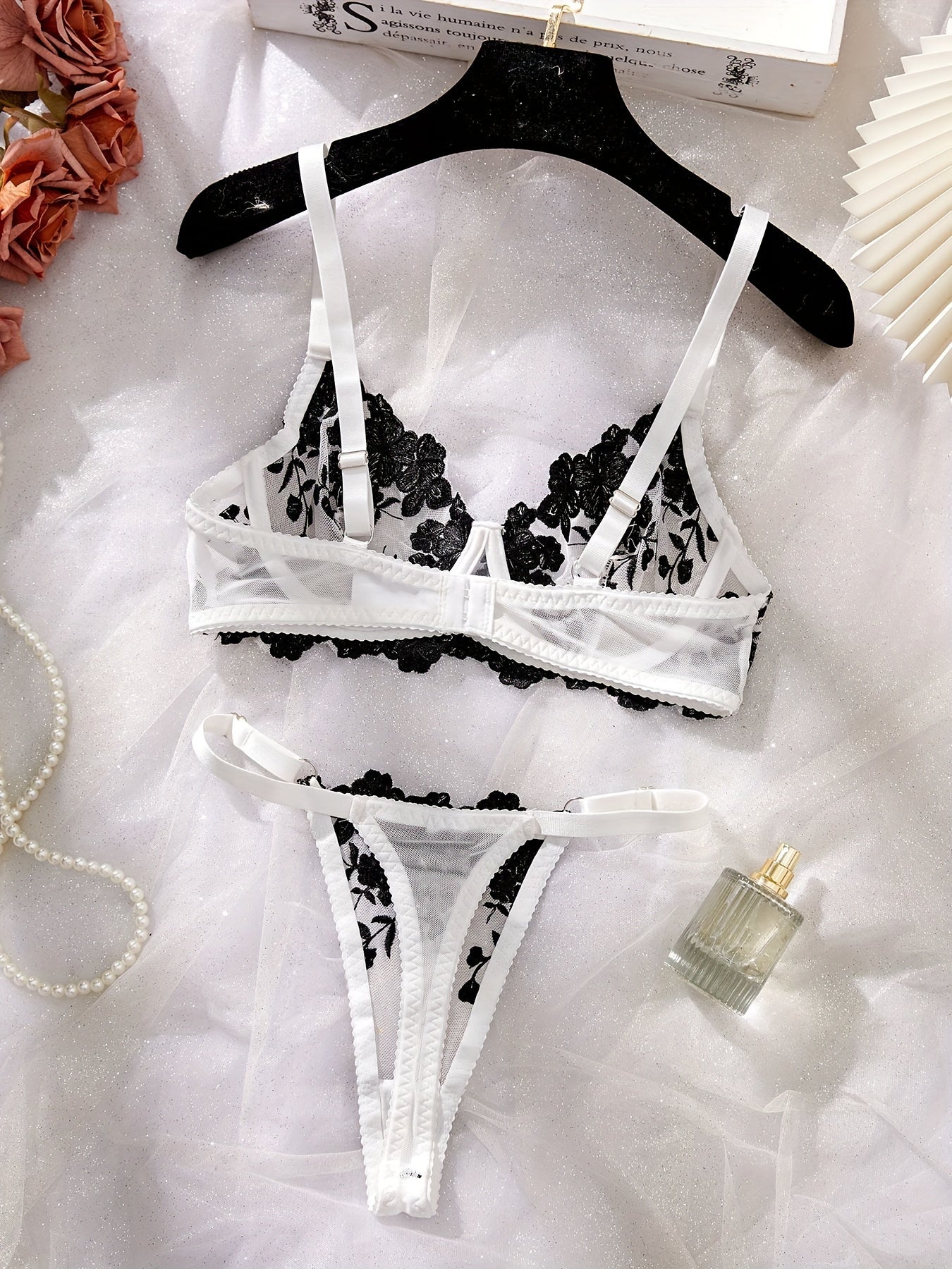 Embroidered lingerie set with thin shoulder straps, Intimates bra and panty, women's sexy clothing