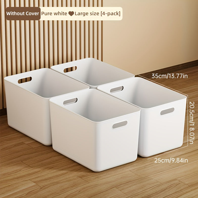 Get organized with this set of four large capacity portable plastic storage bins. These durable, multipurpose organizers come equipped with handles for easy carrying. Perfect for storing snacks, underwear, and kitchen essentials, these sturdy bins are