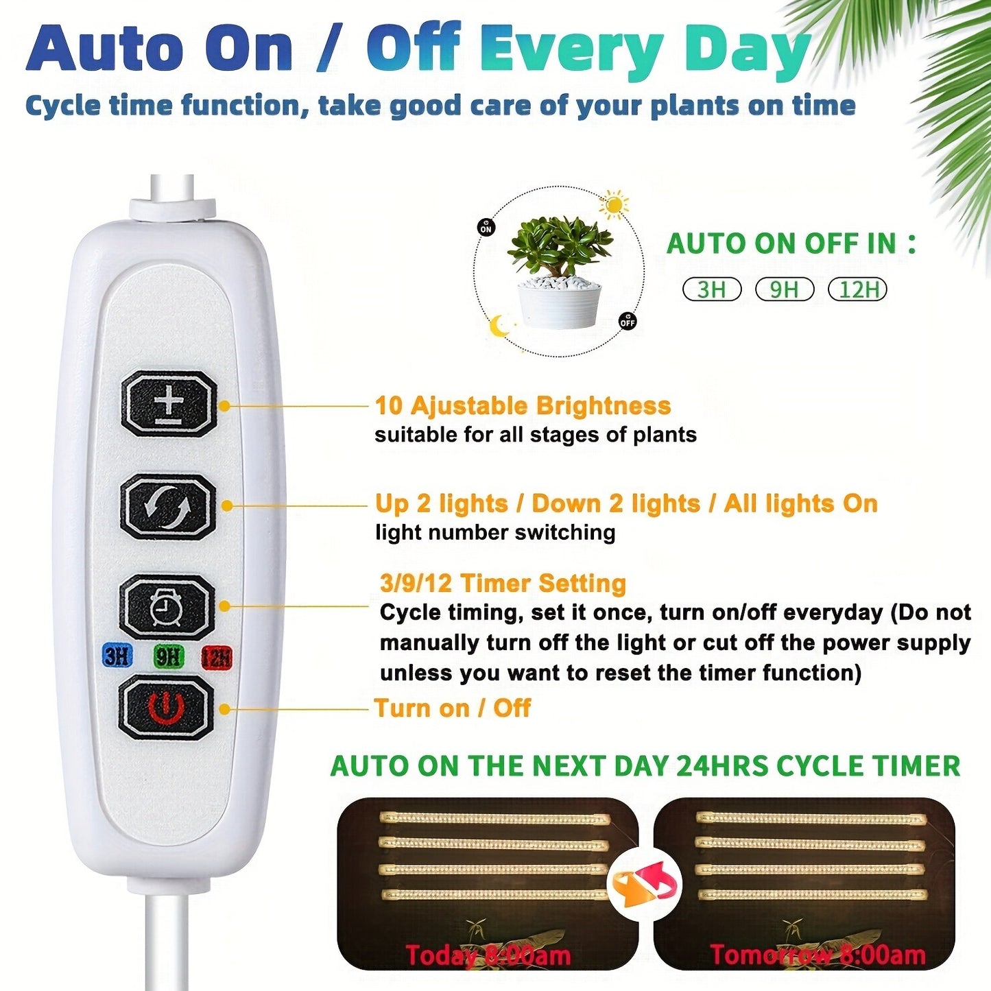 HOTU 124 plant grow lights are adjustable and USB powered, with automatic timer (3/9/12H) and dimmable settings for greenhouses and seedlings. Adapter not included.