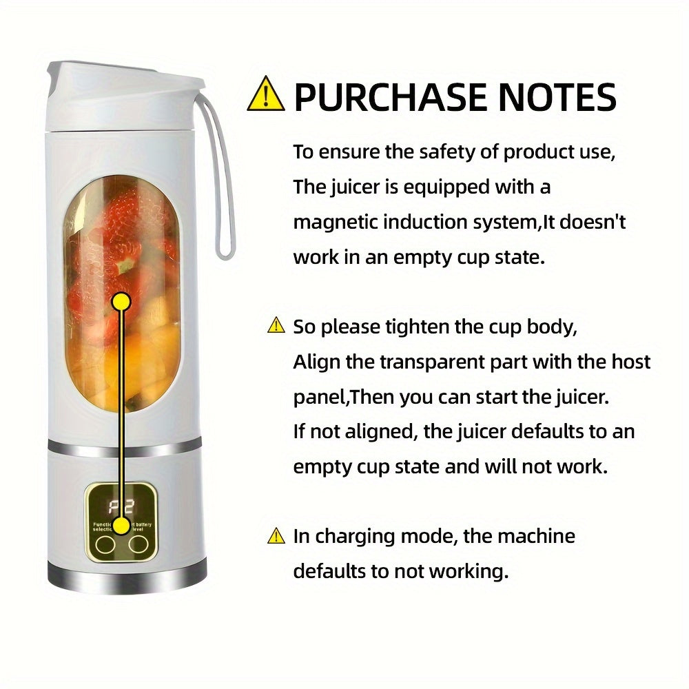 One-piece USB Rechargeable Portable Juicer with Mini Blender and Ice Crusher features three modes, a digital display, 12 blades, and a 450ml capacity. This easy-to-clean appliance is perfect for travel and preparing fresh juice in the kitchen.