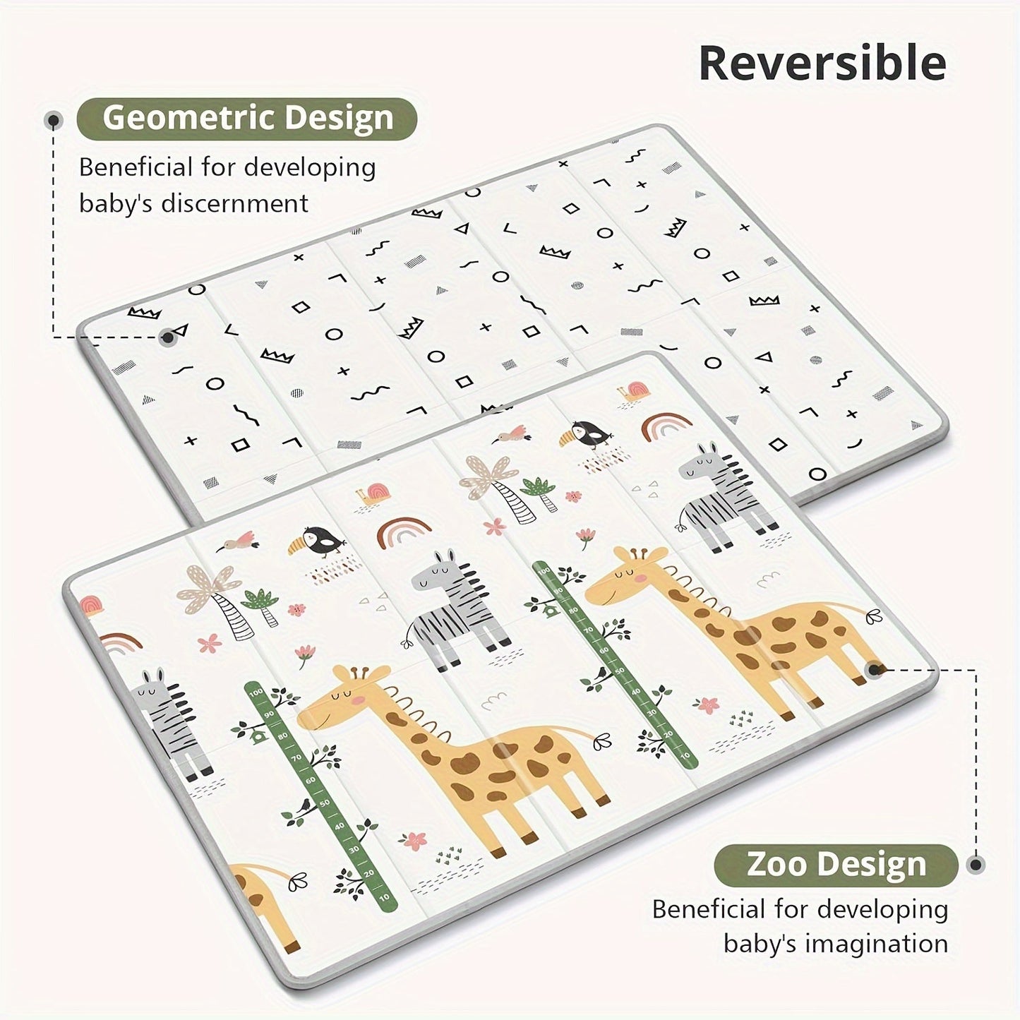 This reversible giraffe and geometric play mat is designed for youngsters, measuring 127.0x127.0 cm. It is waterproof, made of thick foam for safety, and can be easily folded and carried. This portable floor mat is perfect for both toddlers and young