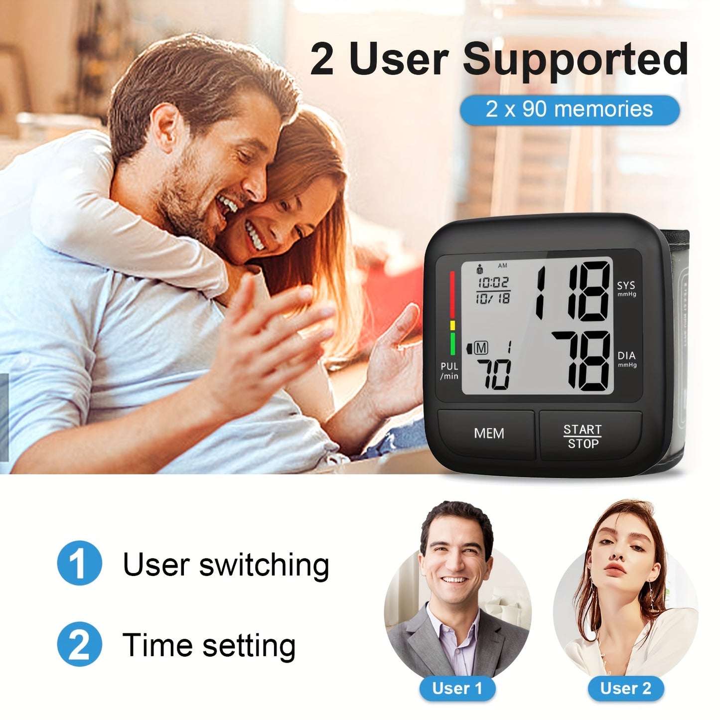 Portable wrist blood pressure monitor with large LCD display, automatic digital device, includes wrist strap and PP box.