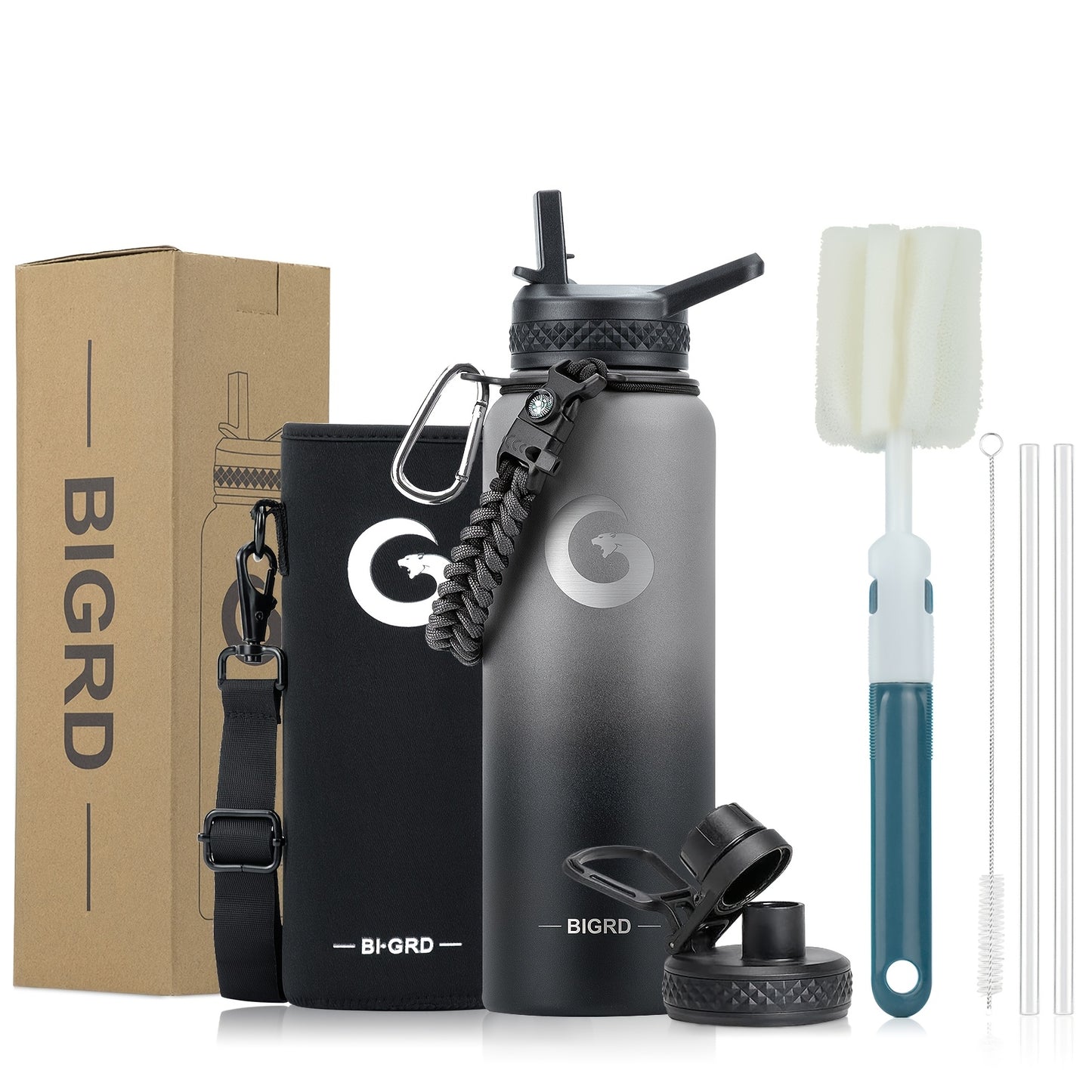 1pc BIGRD insulated water bottle with paracord handle and straw spout lid, available in 40oz/1183ml and 64oz/1893ml sizes, triple vacuum stainless steel keeps drinks cold for 48 hours.