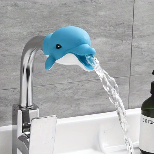 Cute shark and dolphin faucet extender for easy and durable access for kids in the bathroom.