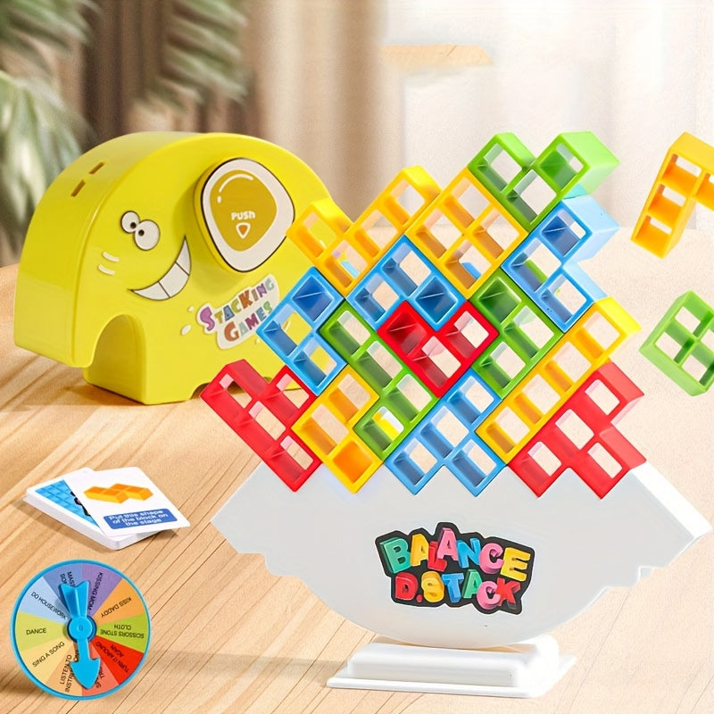 Balance blocks, interactive board games, puzzle stack toys, and table balancing games to improve concentration and compete to build the tallest tower.