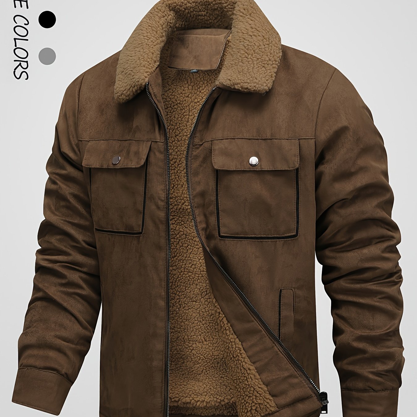 Men's Winter Fleece-Lined Warm Jacket - Brown, Zip-Up Closure, Pockets, Turn- Collar - Outdoor Coat