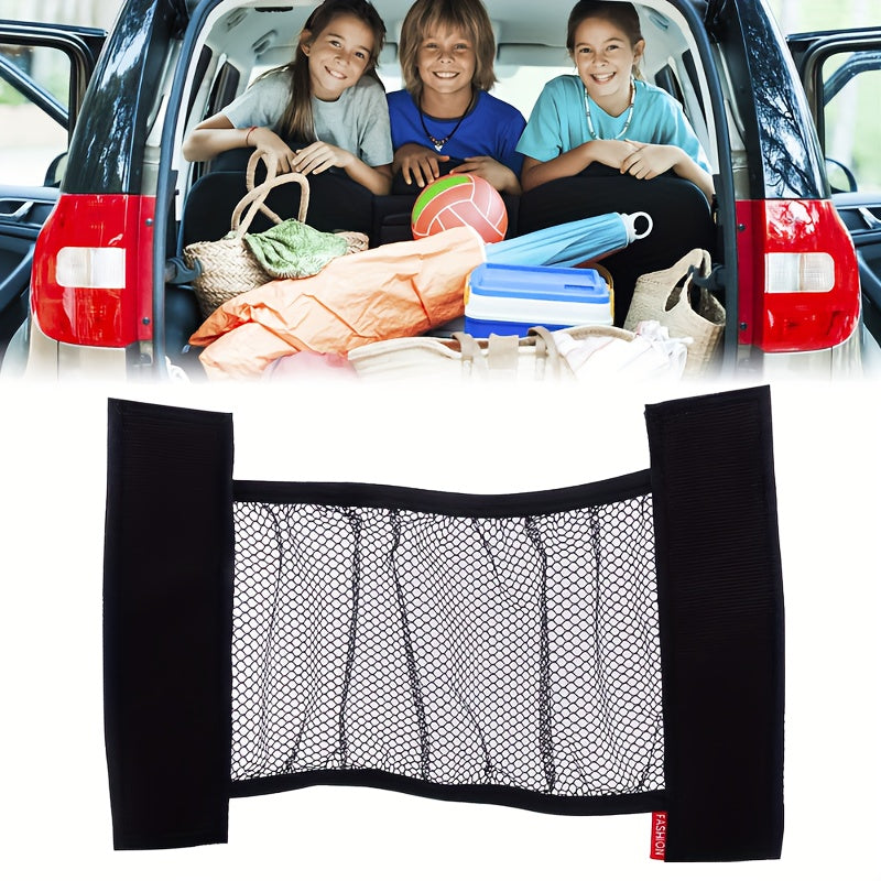 Durable nylon mesh car trunk organizer with rear seat back hanging cargo pocket. No electricity needed. Black color. Great for home and garage organization.