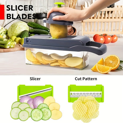 Kitchen slicer set with 14/16 pieces, featuring a manual vegetable cutter dicer shredder with durable stainless steel blades. Made of plastic in a rectangle shape, no power supply required.