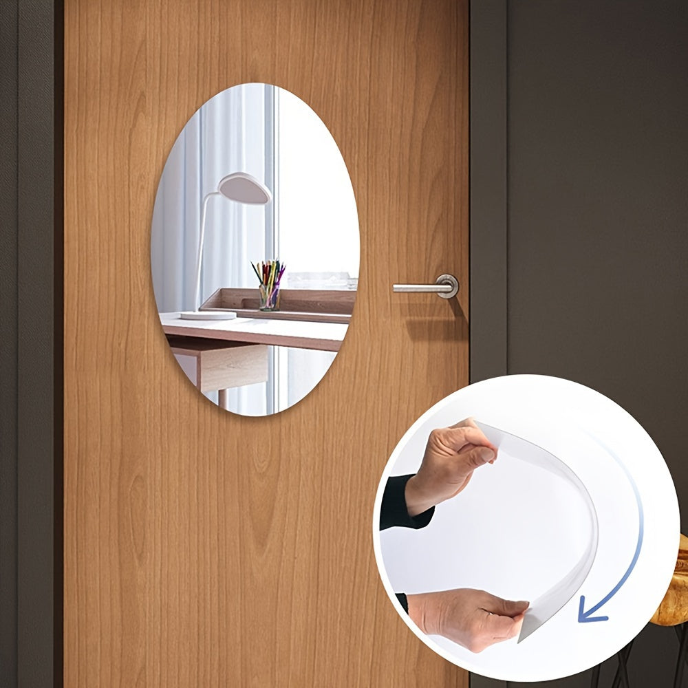 Oval acrylic mirror wall sticker, self-adhesive and removable, ideal for bathroom, living room, kitchen and more.