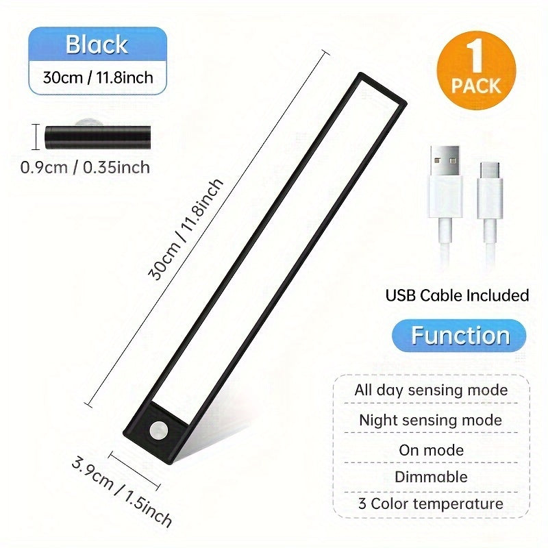 One rechargeable sensor light strip with adjustable brightness and three colors available.