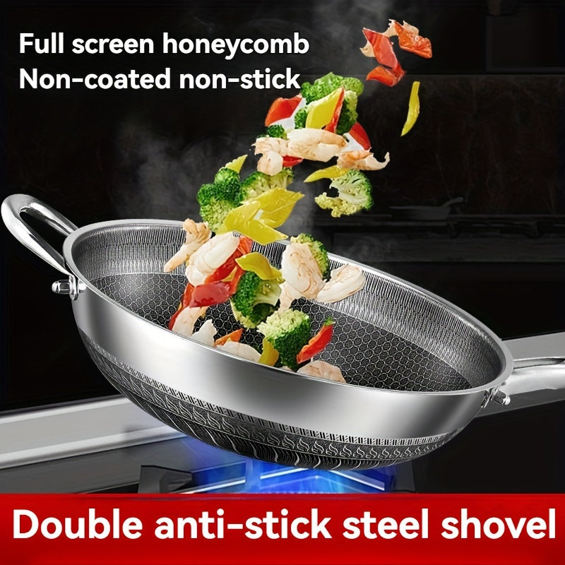 Stainless Steel Wok with Glass Lid and Honeycomb Non-Stick Coating - Features Full Screen Anti-Scratch Vertical Pot Cover, Dual Anti-Stick Shovels, and Scratch-Resistant Design - Perfect for Gas and Induction Cooktops