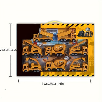 1 set of 8 uncharged plastic toy trucks including excavator, cement mixer, and crane - perfect city boy gift, no batteries required.