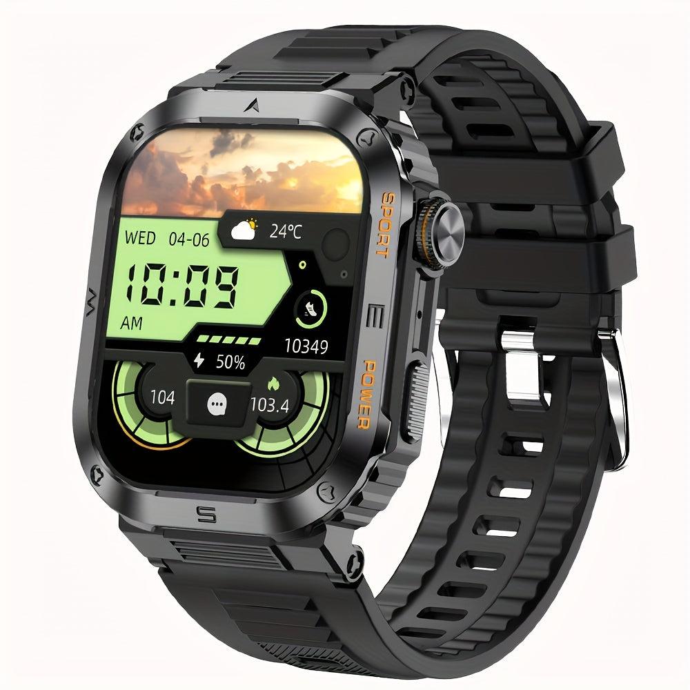 New durable smart watch for men with wireless calling, sports and fitness features, AI voice assistance, and outdoor capabilities with phone connectivity.