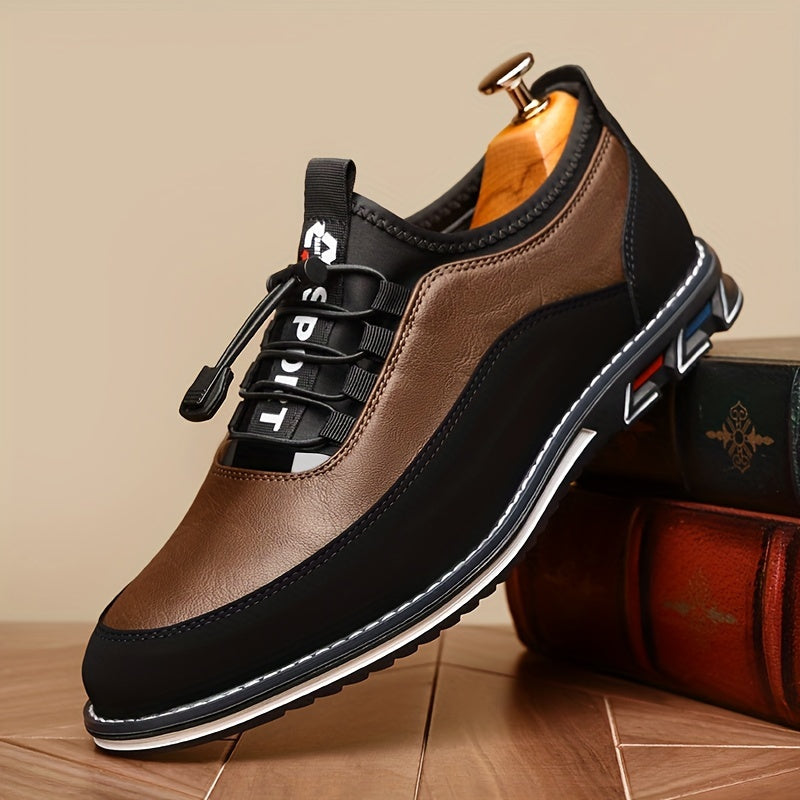 Men's casual low top lace-up shoes with elastic band, PU upper and rubber sole, suitable for all seasons.