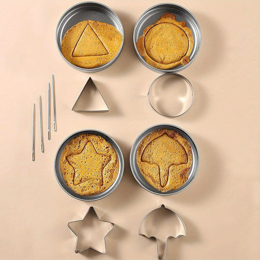 Set of 4 stainless steel cookie cutters: star, umbrella, triangle, and circle. Includes 4 mold boxes for baking cakes and cookies.