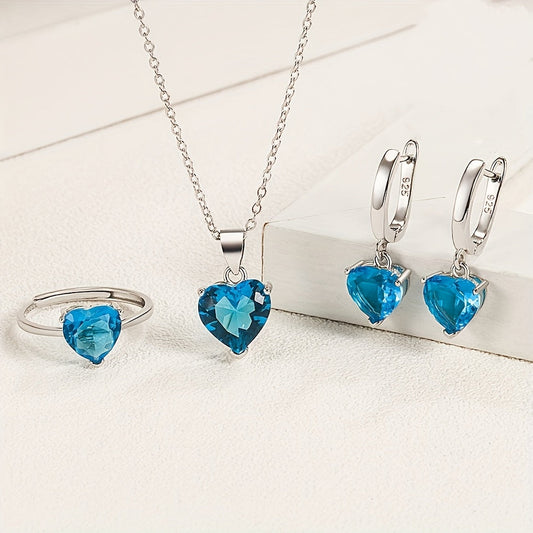 925 Sterling Silver Romantic Heart Zirconia Jewelry Set - Elegant and Sexy Anniversary or Valentine's Day Gift with Necklace, Ring, and Earrings