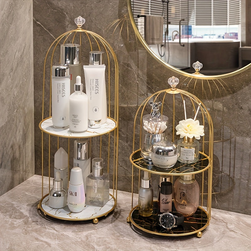 Luxury gold-toned cast iron makeup organizer with cage-shaped bathroom shelf for elegant display of perfumes and skincare products on vanity or countertop.