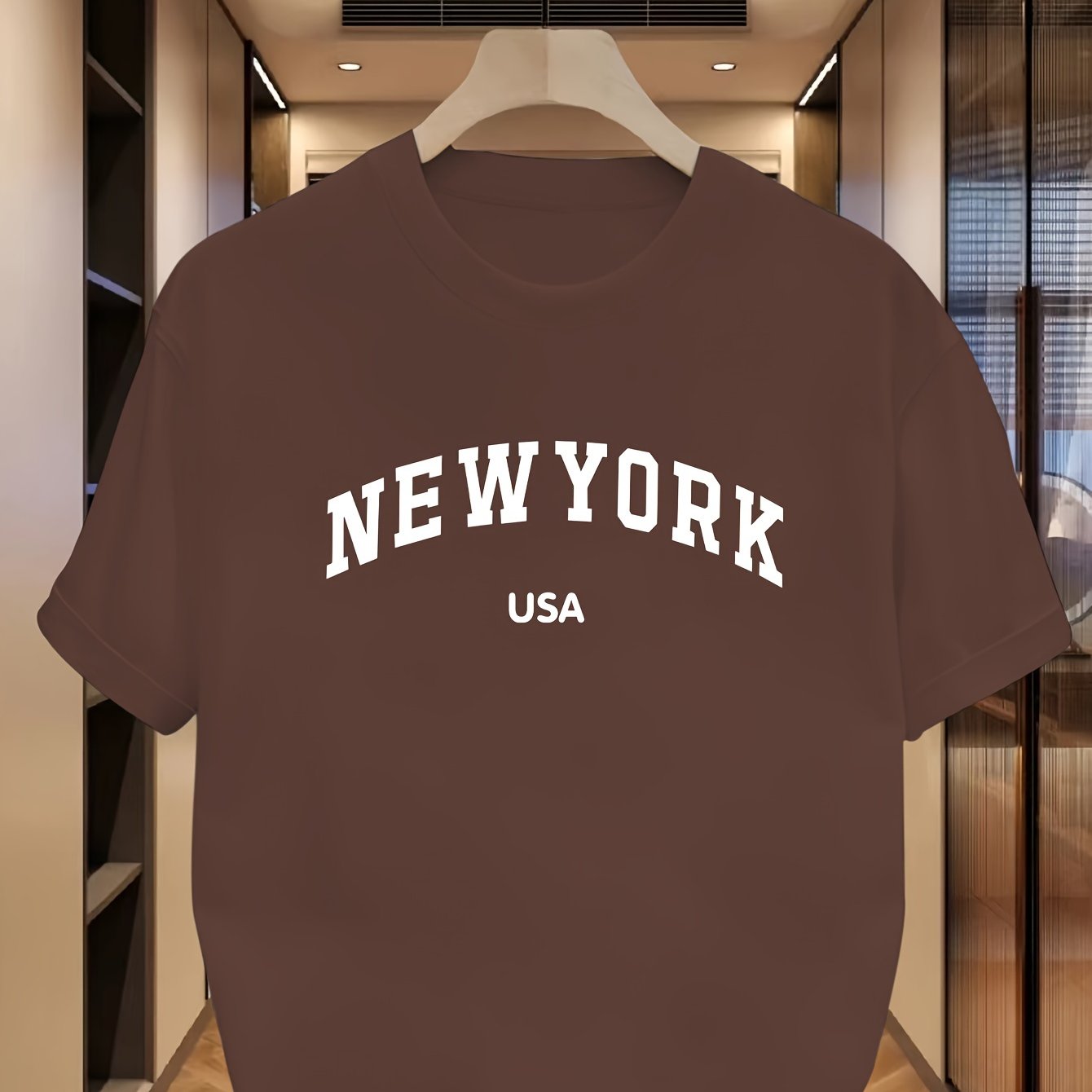 Men's casual crew neck t-shirt with NEW YORK USA print, 95% Polyester 5% Elastane, Slight stretch, Regular fit, Summer wear, 180gsm.