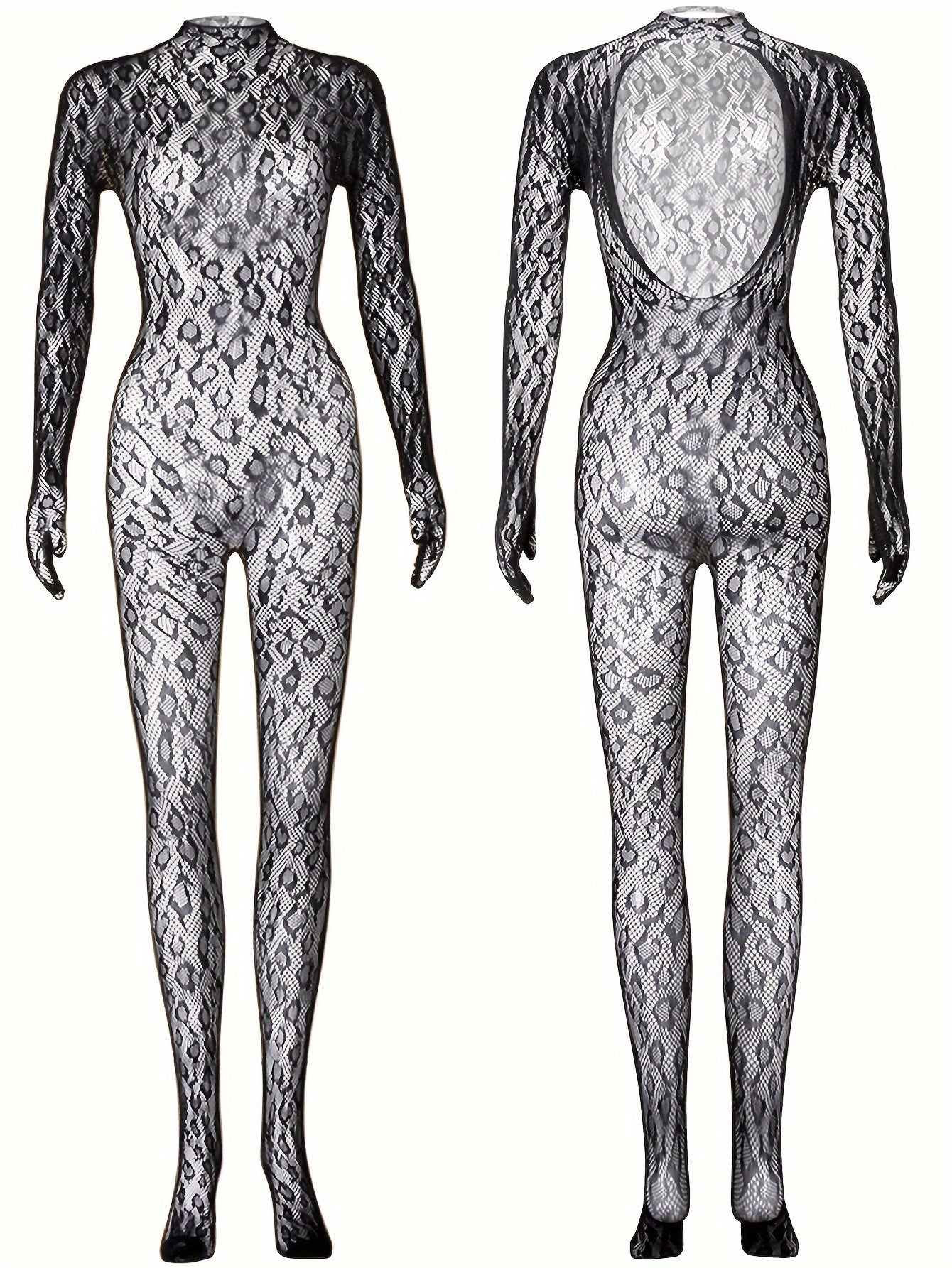 Black lace bodystocking with intricate patterns, long sleeve, open crotch, see-through design for music festivals & beachwear. Made of high stretch nylon/elastane blend, hand washable.