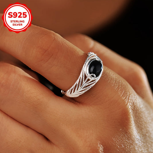 A chic open ring for women featuring a sophisticated Gothic style with imitation jade and black agate, weighing 2.9g and crafted in 925 silver. Perfect for everyday wear or vacations.