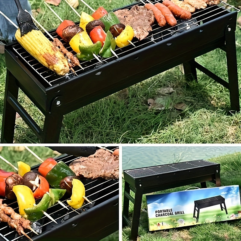 Portable folding charcoal BBQ grill with iron construction, perfect for picnics, camping, and backyard cookouts. Easy to transport and store with a black finish, ideal for grilling various