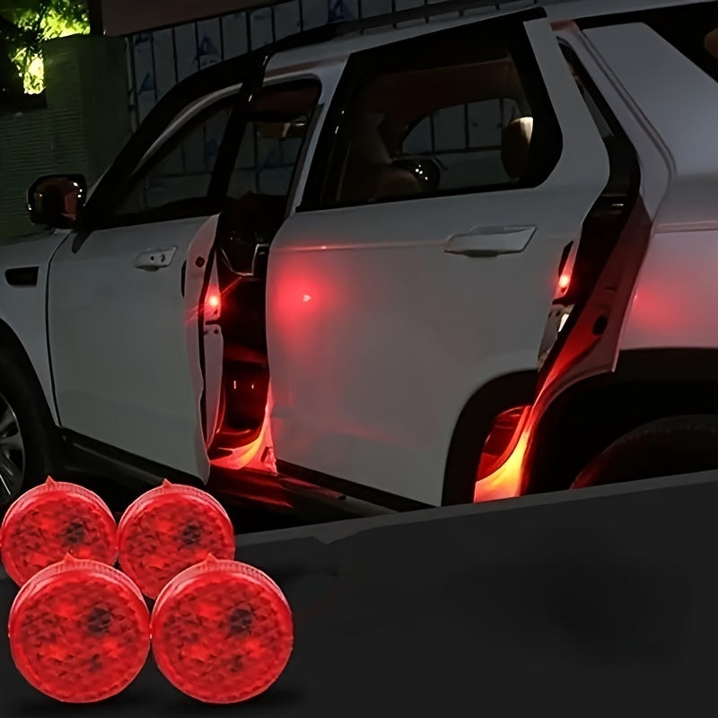 4 Red LED Car Door Lights with Circular Design and Patterned Surface for Enhanced Visibility and Easy Installation, Made of Durable Plastic for Safety and Aesthetic Appeal.