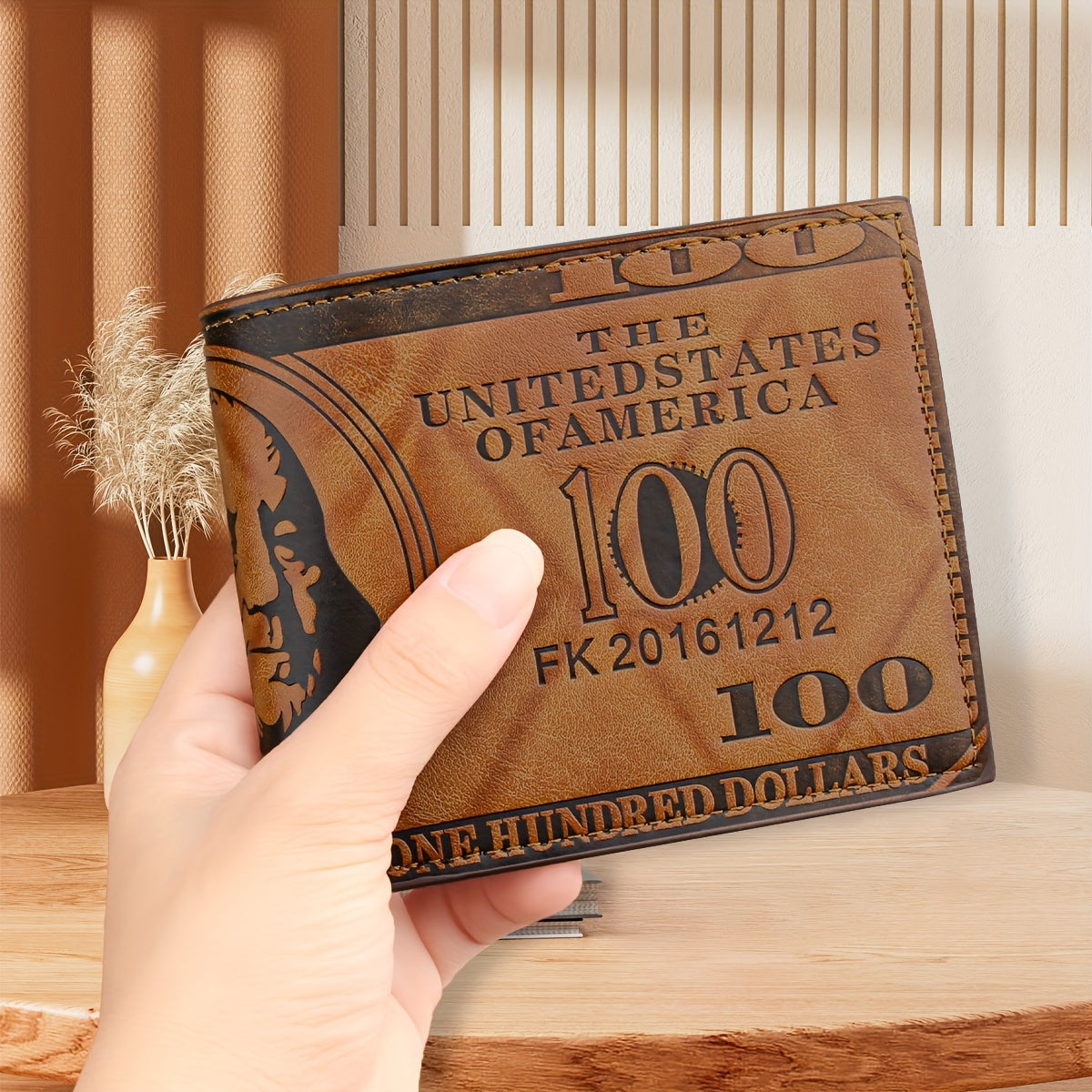 Vintage-Inspired Faux Leather Wallet with $100 Bill Design, Multi-Card Slot, Double-Fold Short Wallet in Black